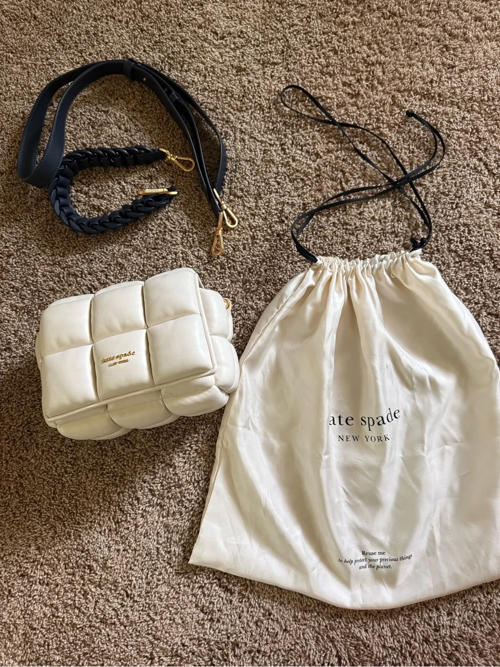 kate spade Ivory Quilted Shoulder Bag with navy  Strap and Chain